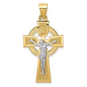 14k Two Tone Gold Large Celtic INRI Crucifix Pendant, 22 x 42mm